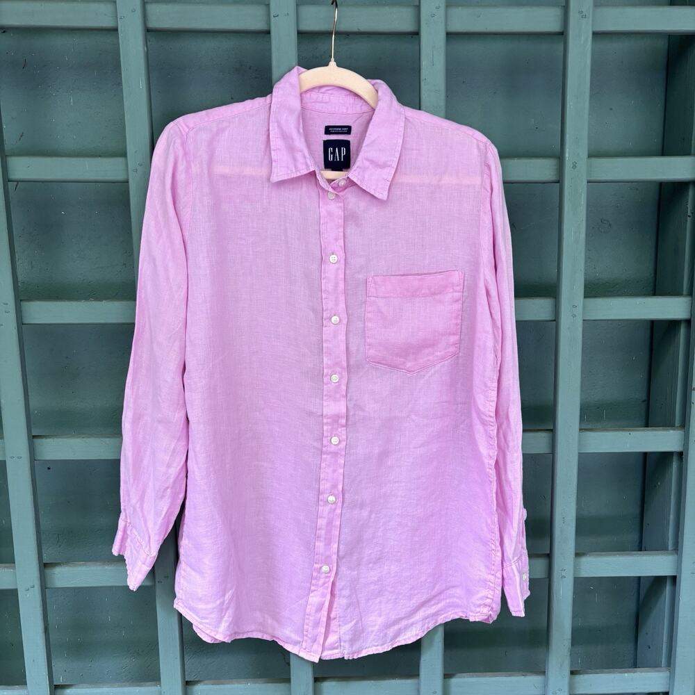 GAP 100% Linen Boyfriend Shirt Pastel Pink Relaxed Womens Small Coastal Preppy - Picture 2 of 5